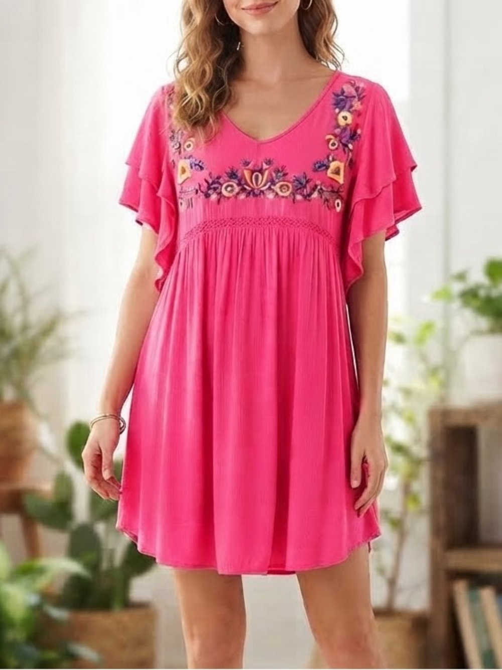 Umgee Hot Pink Embroidered Floral Tunic Dress